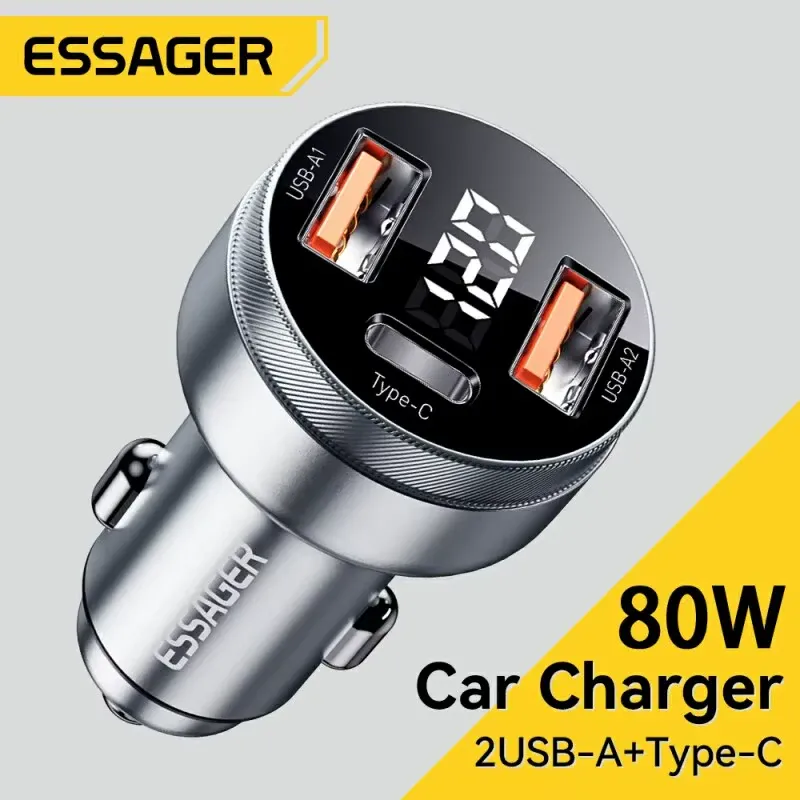 Carregador Veicular 80W Display - 2USBA+1 USBC - Essager