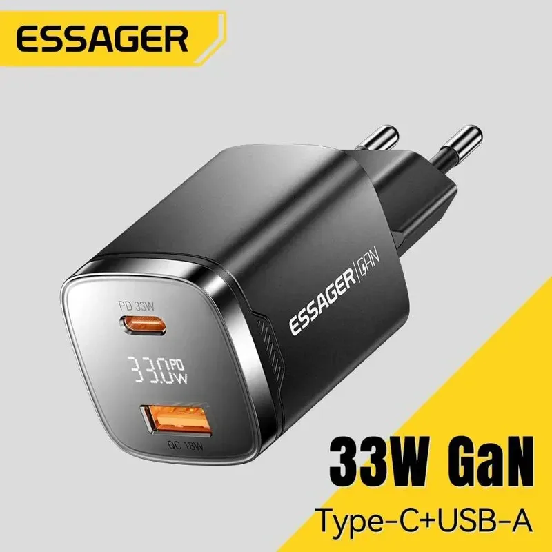 Carregador Essager 33W Display USBA/USBC GAN